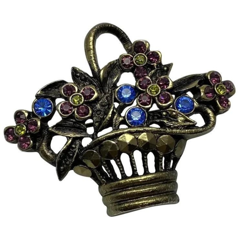 Vintage 1928 Jewelry Co Rhinestone Flower Basket Brooch Pin Openwork
